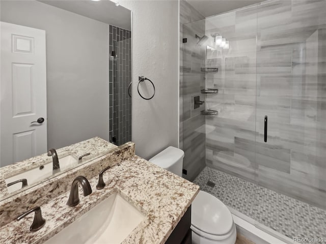 bathroom with vanity, an enclosed shower, and toilet