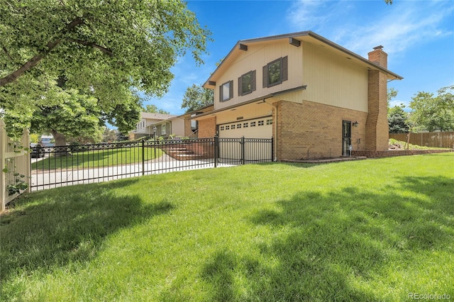 11936 E Oregon Cir, Aurora, CO 80012 - view of side of home featuring an attached garage, a chimney, and brick siding