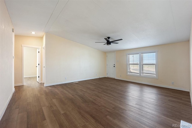 63560 Huckleberry Rd, Fowler, CO 81039 - unfurnished room featuring ceiling fan, dark wood finished floors, and baseboards