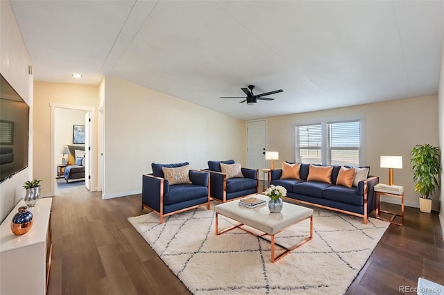 63560 Huckleberry Rd, Fowler, CO 81039 - living area featuring ceiling fan, wood finished floors, and baseboards