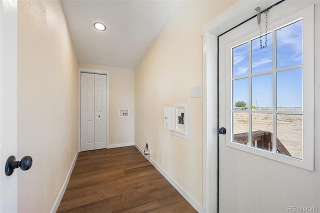 63560 Huckleberry Rd, Fowler, CO 81039 - doorway with baseboards, dark wood finished floors, and recessed lighting