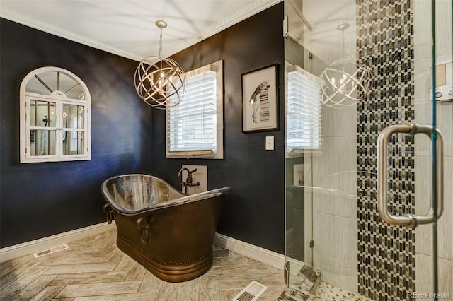 1510 S Cascade Ave, Colorado Springs, CO 80905 - full bath with a chandelier, plenty of natural light, a shower stall, and ornamental molding