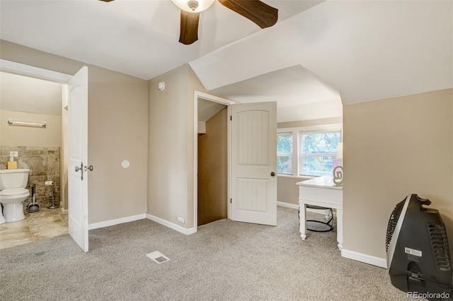 1510 S Cascade Ave, Colorado Springs, CO 80905 - bedroom featuring light colored carpet, ceiling fan, ensuite bath, and lofted ceiling