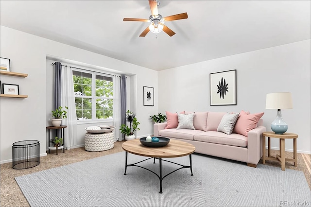 9650 Raven St, Firestone, CO 80504 - living room with a ceiling fan, baseboards, and carpet