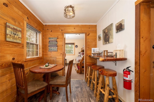 479 County Road 465, Grand Lake, CO 80447 - dining space featuring dark wood-type flooring, crown molding, a dry bar, and wood walls