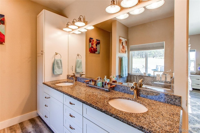 bathroom with hardwood / wood-style flooring and vanity