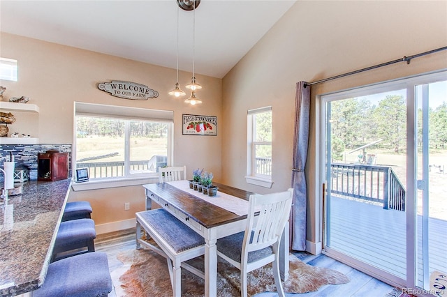 18050 Wedemeyer Rd, Kiowa, CO 80117 - dining area with vaulted ceiling, plenty of natural light, light wood-type flooring, and baseboards