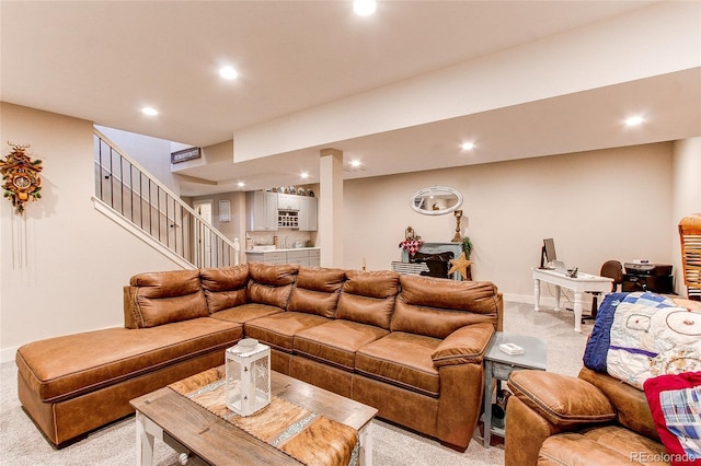 18050 Wedemeyer Rd, Kiowa, CO 80117 - living area with light colored carpet, recessed lighting, stairway, and baseboards