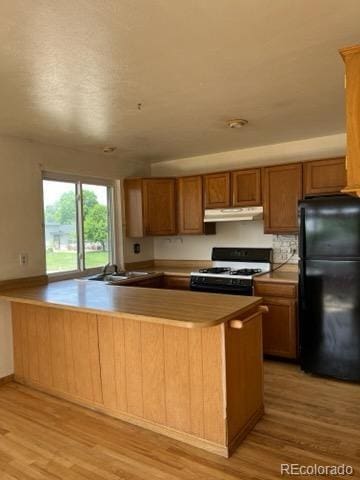 11318 Clermont Dr, Thornton, CO 80233 - kitchen with freestanding refrigerator, white gas stove, under cabinet range hood, a sink, and light wood-style floors