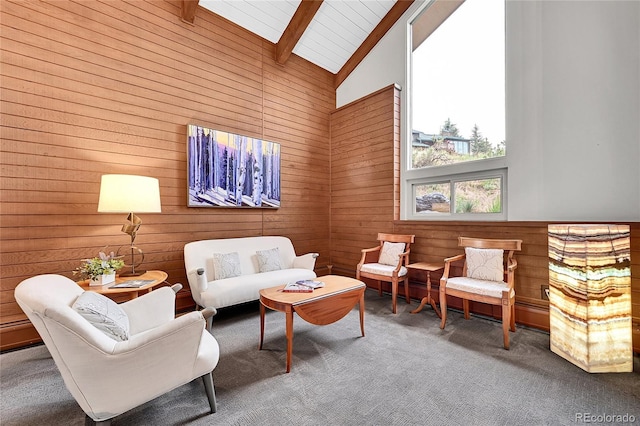 30334 Roan Dr, Evergreen, CO 80439 - sitting room featuring wood walls, carpet floors, a skylight, high vaulted ceiling, and a wood ceiling with exposed beams