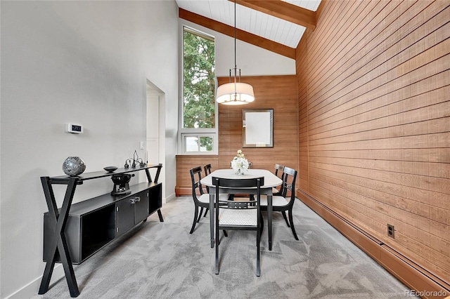 30334 Roan Dr, Evergreen, CO 80439 - dining space featuring wooden walls, healthy amount of natural light, beam ceiling, a baseboard radiator, and light carpet