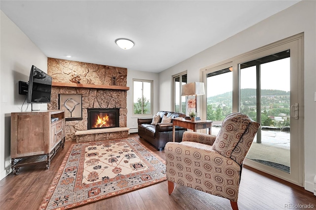 30334 Roan Dr, Evergreen, CO 80439 - living area featuring hardwood / wood-style floors and a stone fireplace