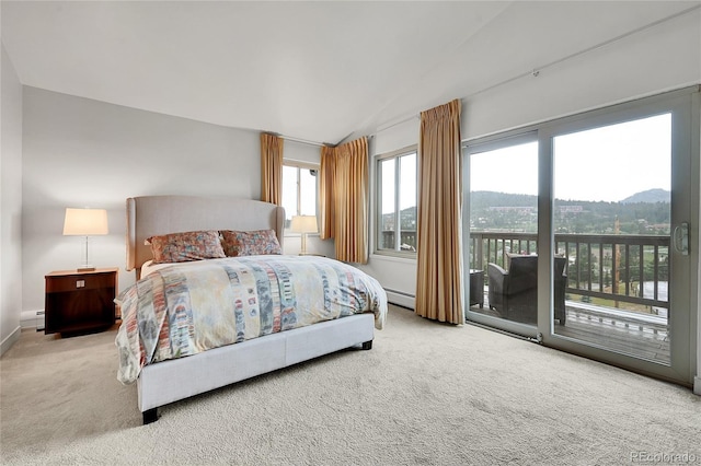 30334 Roan Dr, Evergreen, CO 80439 - bedroom featuring lofted ceiling, carpet floors, access to outside, and baseboard heating