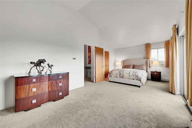 30334 Roan Dr, Evergreen, CO 80439 - carpeted bedroom featuring high vaulted ceiling and a baseboard radiator