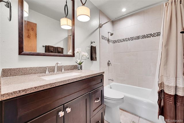 30334 Roan Dr, Evergreen, CO 80439 - bathroom with vanity, shower / bathtub combination with curtain, tile patterned floors, and recessed lighting