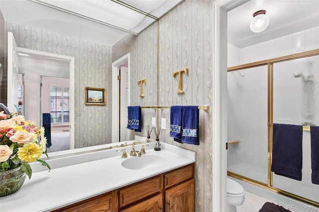 2800 S University Blvd Unit 174, Denver, CO 80210 - bathroom featuring a shower stall, tile patterned flooring, wallpapered walls, and vanity
