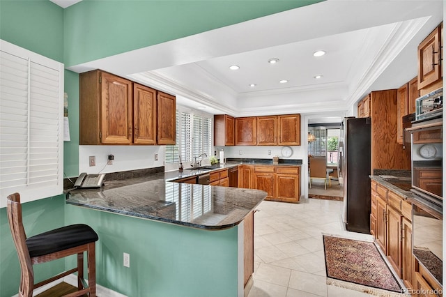 2800 S University Blvd Unit 174, Denver, CO 80210 - kitchen with freestanding refrigerator, crown molding, plenty of natural light, a peninsula, and a tray ceiling