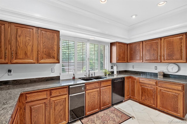 2800 S University Blvd Unit 174, Denver, CO 80210 - kitchen featuring black dishwasher, brown cabinets, dark countertops, recessed lighting, and light tile patterned floors