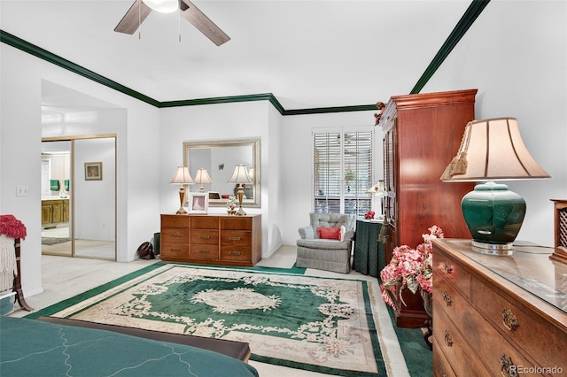 2800 S University Blvd Unit 174, Denver, CO 80210 - carpeted bedroom with crown molding and ceiling fan