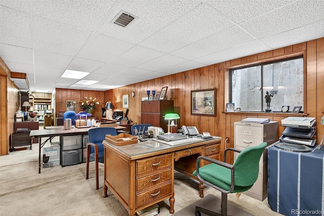 2800 S University Blvd Unit 174, Denver, CO 80210 - home office featuring light colored carpet, wooden walls, and a paneled ceiling