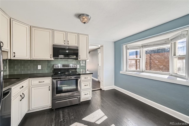 kitchen featuring electric stove, decorative backsplash, dark hardwood / wood-style flooring, and dishwasher