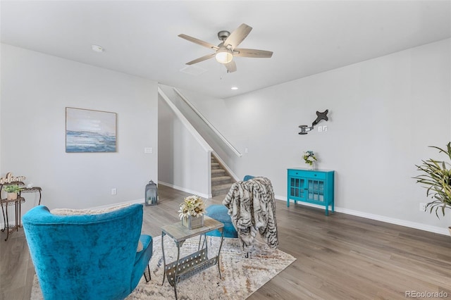 44 S Olympian Dr, Colorado Springs, CO 80905 - living room with stairway, wood finished floors, a ceiling fan, and recessed lighting