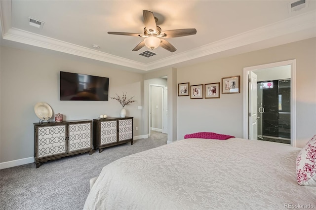 carpeted bedroom with ceiling fan, ornamental molding, and ensuite bathroom