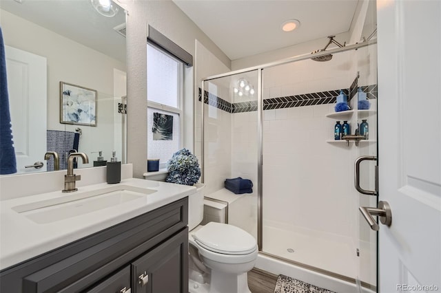 bathroom with vanity, toilet, and walk in shower