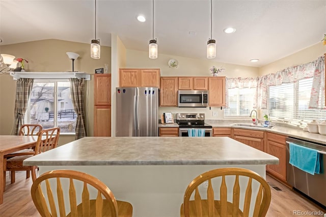 kitchen featuring vaulted ceiling, appliances with stainless steel finishes, a healthy amount of sunlight, and sink