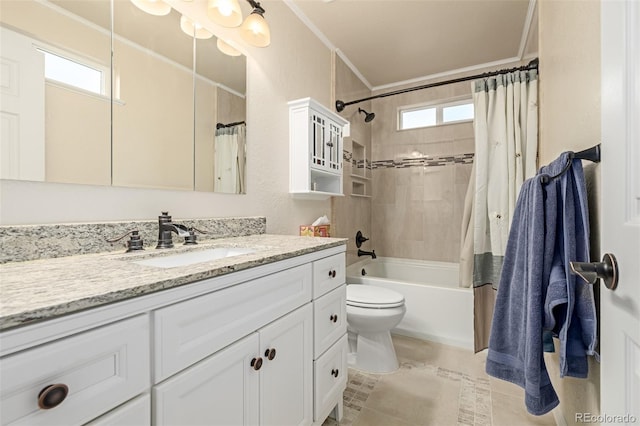 bathroom with vanity, plenty of natural light, shower / bath combo, and ornamental molding