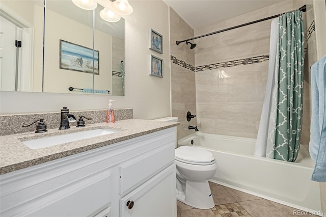 full bath with vanity, toilet, shower / bath combo with shower curtain, and tile patterned flooring