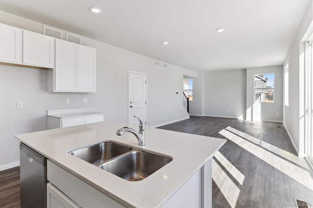 kitchen featuring dark wood-type flooring, visible vents, a sink, and stainless steel dishwasher