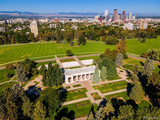 birds eye view of property featuring a mountain view and a view of city