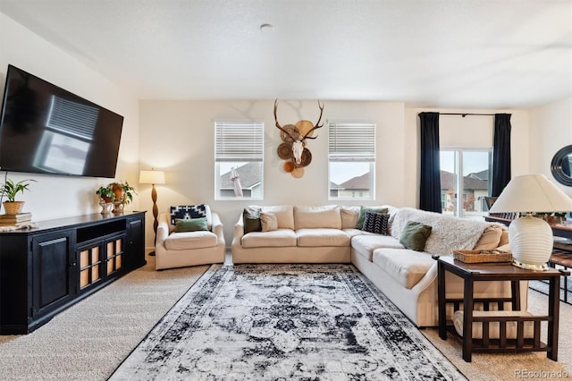 living area featuring light colored carpet