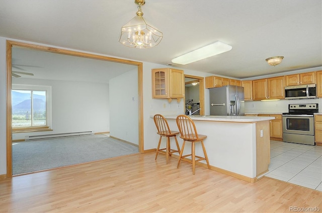 30870 County Road 356, Buena Vista, CO 81211 - kitchen featuring appliances with stainless steel finishes, a baseboard radiator, a chandelier, light wood-type flooring, and light countertops