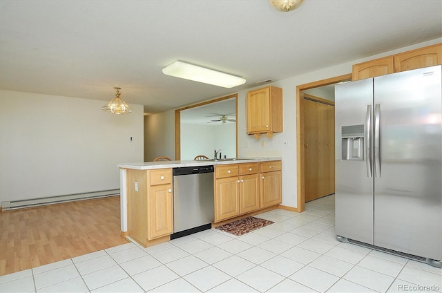 30870 County Road 356, Buena Vista, CO 81211 - kitchen featuring appliances with stainless steel finishes, a baseboard radiator, light countertops, a peninsula, and light tile patterned floors