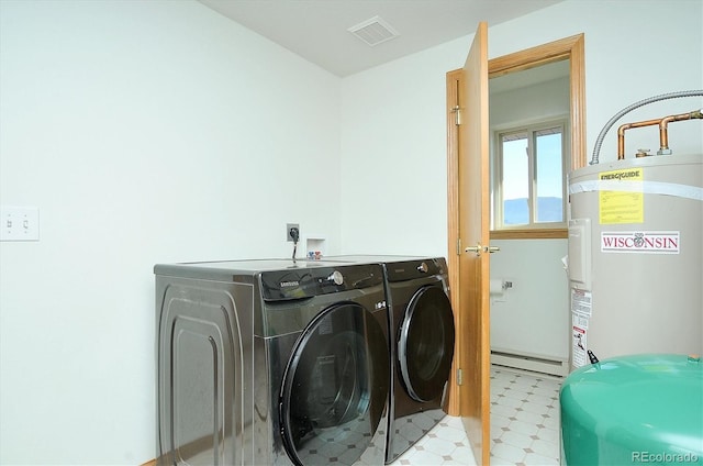 30870 County Road 356, Buena Vista, CO 81211 - laundry area featuring tile patterned floors, washer and dryer, electric water heater, and a baseboard heating unit