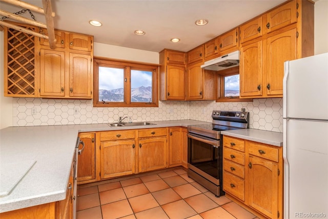 8602 N 39th St, Longmont, CO 80503 - kitchen with stainless steel range with electric cooktop, freestanding refrigerator, under cabinet range hood, a sink, and light countertops