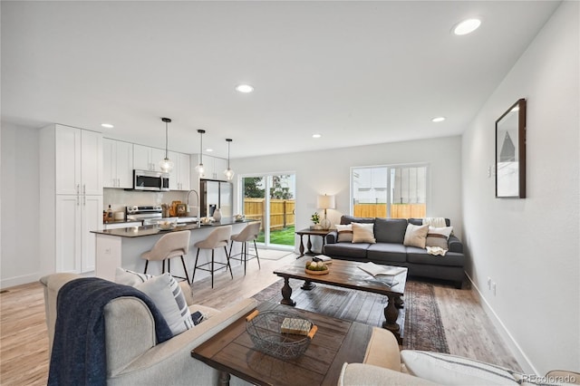 living room featuring sink and light hardwood / wood-style flooring