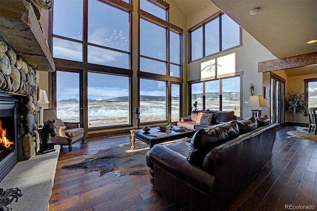 living room featuring dark wood-type flooring, a fireplace, and a towering ceiling