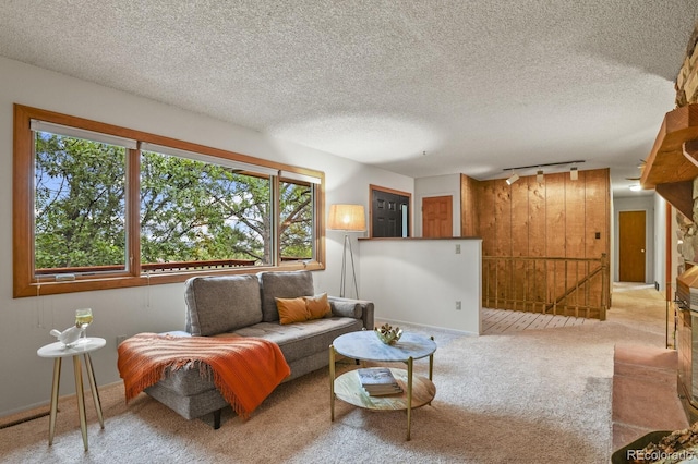 living room with rail lighting, a textured ceiling, baseboards, and carpet floors