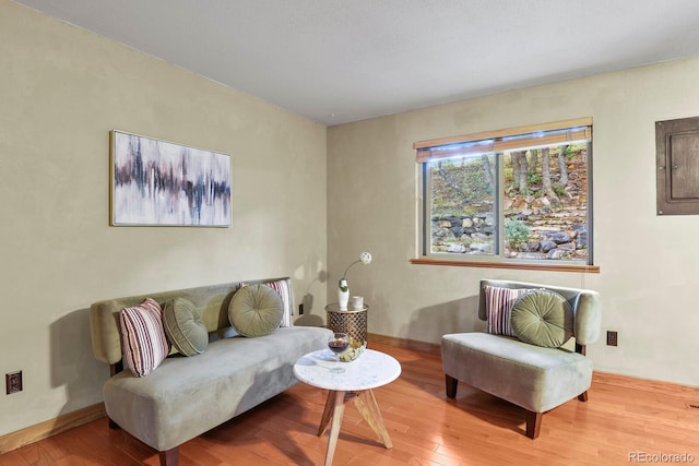 living room with electric panel, baseboards, and wood finished floors