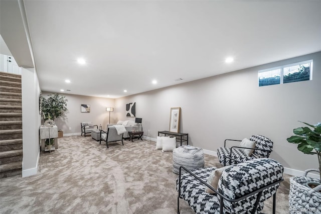 7150 Beach St, Westminster, CO 80030 - living room featuring stairway, recessed lighting, and light colored carpet