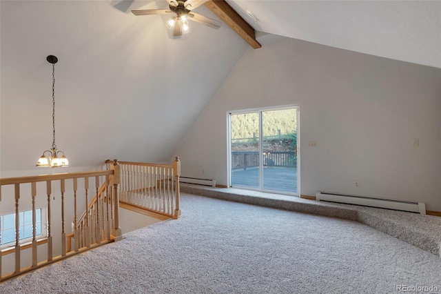 bonus room with lofted ceiling with beams, carpet, a baseboard heating unit, and ceiling fan with notable chandelier