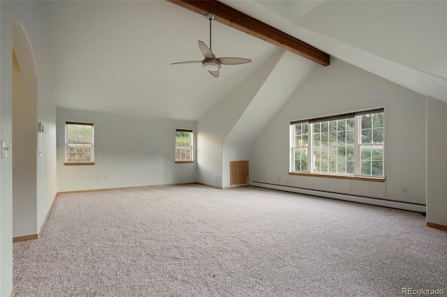 additional living space featuring lofted ceiling with beams, a healthy amount of sunlight, a baseboard heating unit, and light carpet