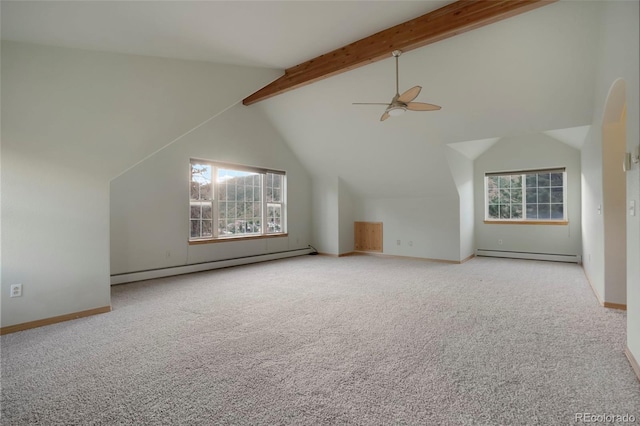 bonus room featuring lofted ceiling with beams, light colored carpet, ceiling fan, and baseboard heating