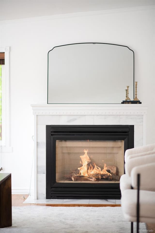 6535 Balsam St, Arvada, CO 80004 - detailed view of a fireplace, baseboards, ornamental molding, and carpet floors