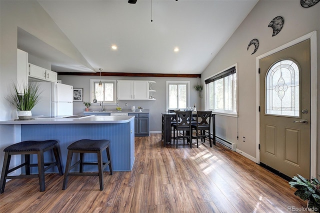 11669 S Upper Ranch Dr, Pine, CO 80470 - kitchen featuring vaulted ceiling, a baseboard radiator, a kitchen breakfast bar, freestanding refrigerator, and a peninsula