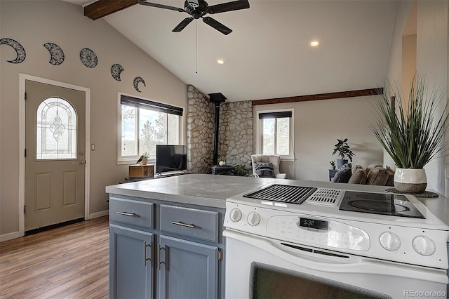 11669 S Upper Ranch Dr, Pine, CO 80470 - kitchen featuring electric range, open floor plan, ceiling fan, healthy amount of natural light, and recessed lighting