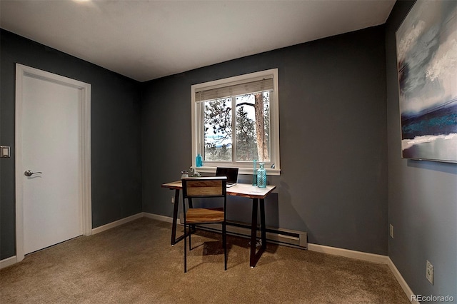 11669 S Upper Ranch Dr, Pine, CO 80470 - office featuring carpet flooring, a baseboard heating unit, and baseboards